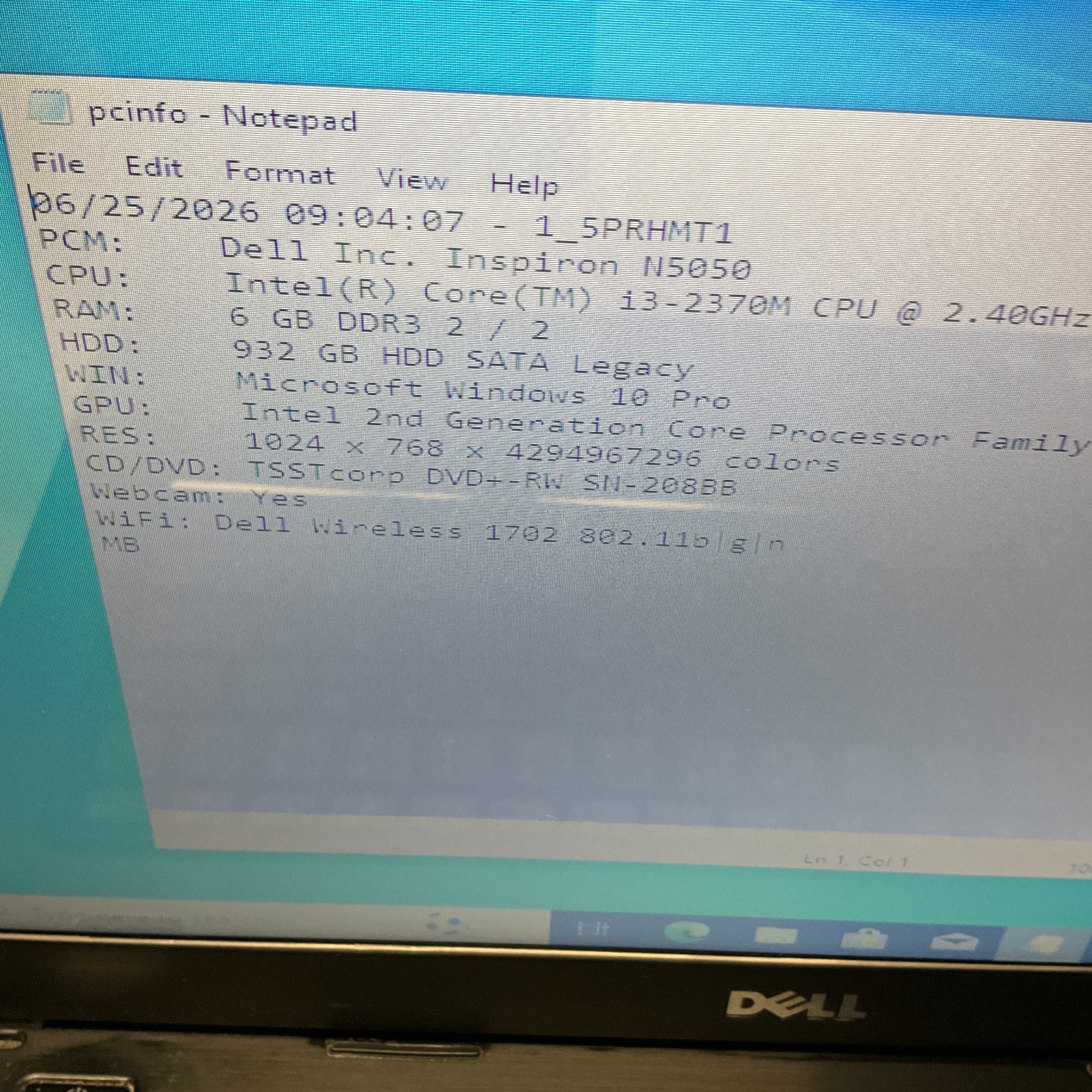 Dell Inspiron N5050 Intel Core i3-2370M 15″ Laptop 6GB 1TB HDD NO BATTERY