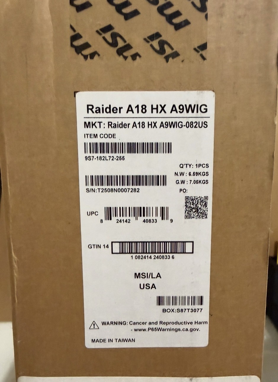 MSI Raider A18 HX A9WIG-082US NVIDIA 5080 AMD Ryzen 9 DDR5 UHD+ Gaming Laptop