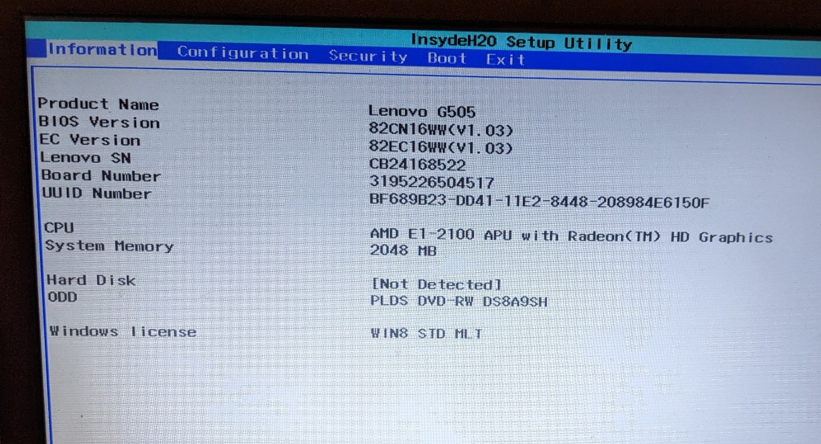 Lenovo G505 20240 Laptop Notebook AMD E1-2100 1GHz 2GB Ram NO HDD NO AC Charger