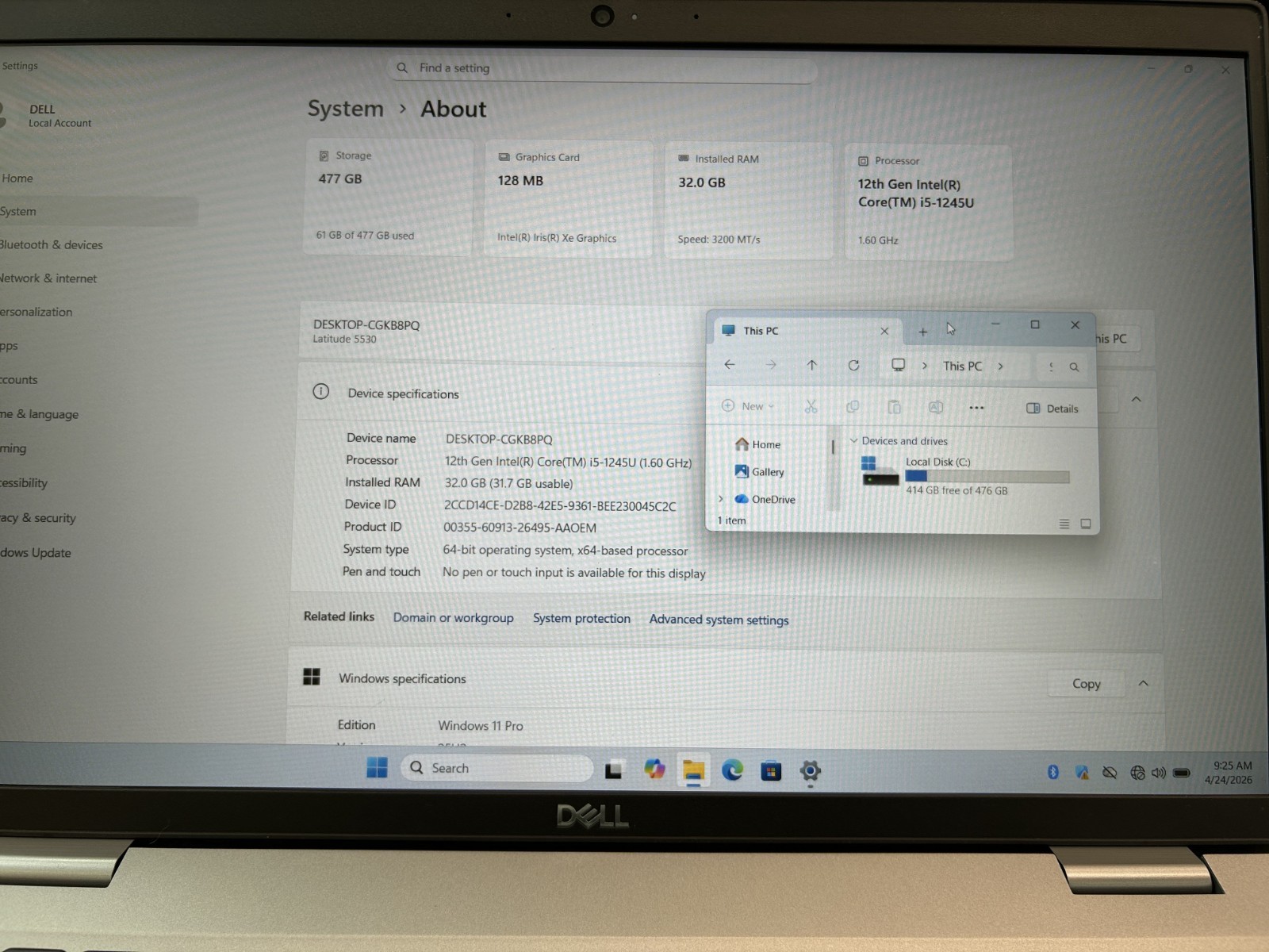 LAPTOP DELL Latitude 5530 15.6in Core i5-1245U 512GB SSD M.2 32GB RAM Win 11 Pro