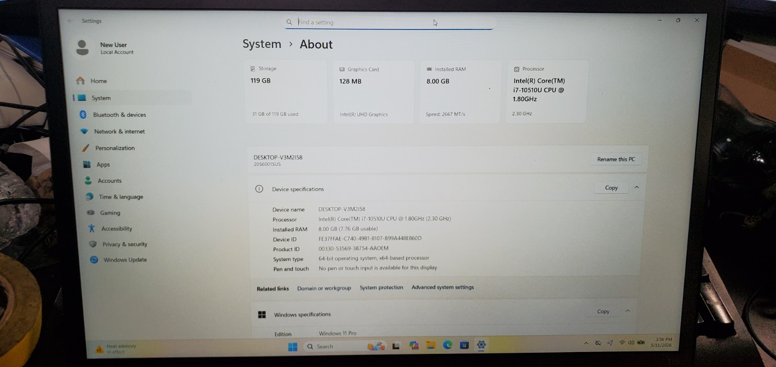 Lenovo ThinkPad T15 Gen 1 Laptop Intel Core i7-10th Gen 1.8GHz 8GB RAM 128GB SSD