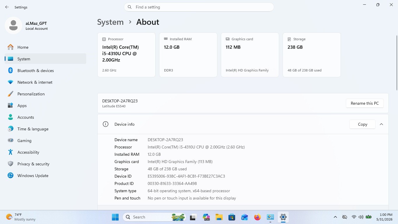 Dell Latitude E5540:15.6″,Wn11Pro,i5-4310U@2Ghz,12Gb RAM, 256Gb SSD,USB,WiFi,Bt