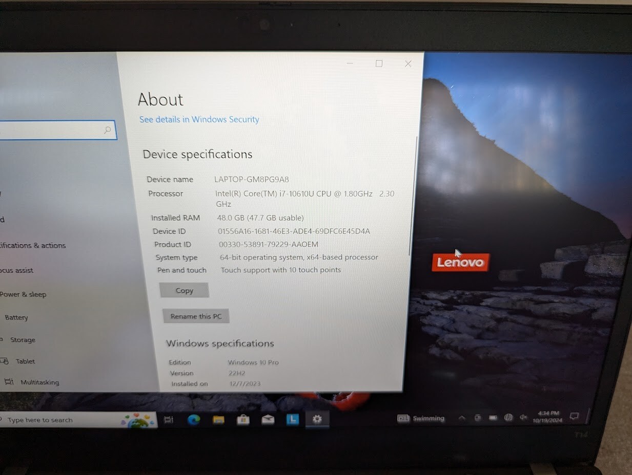 Lenovo T14 G1 i7-10610U 48GB RAM/500 GB SSD – Win 10 Pro TOUCHSCREEN