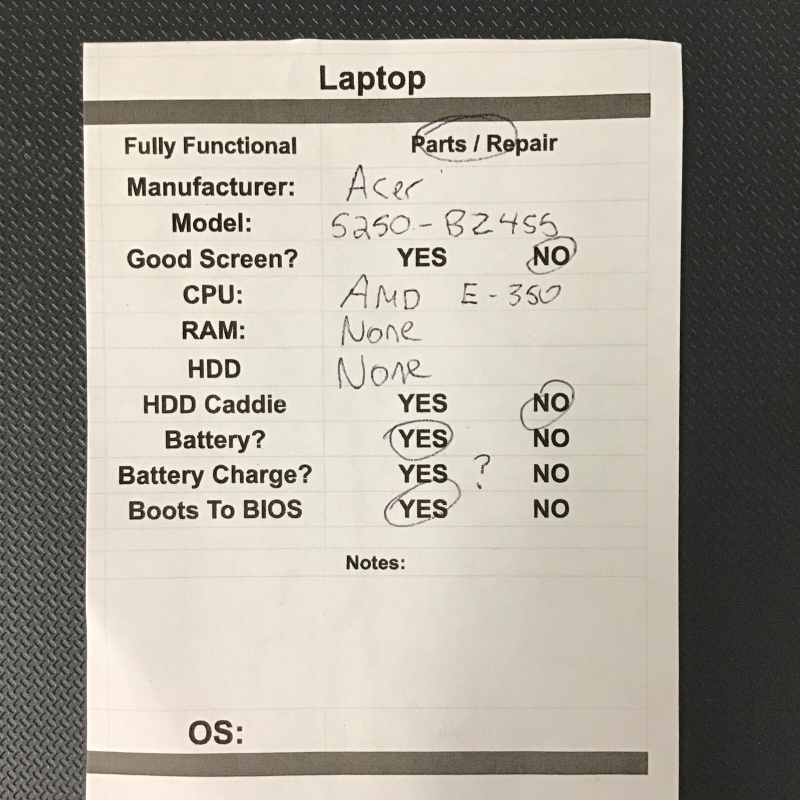 Acer 5250-B2455 – AMD E-350 – NO RAM – NO HDD – PARTS