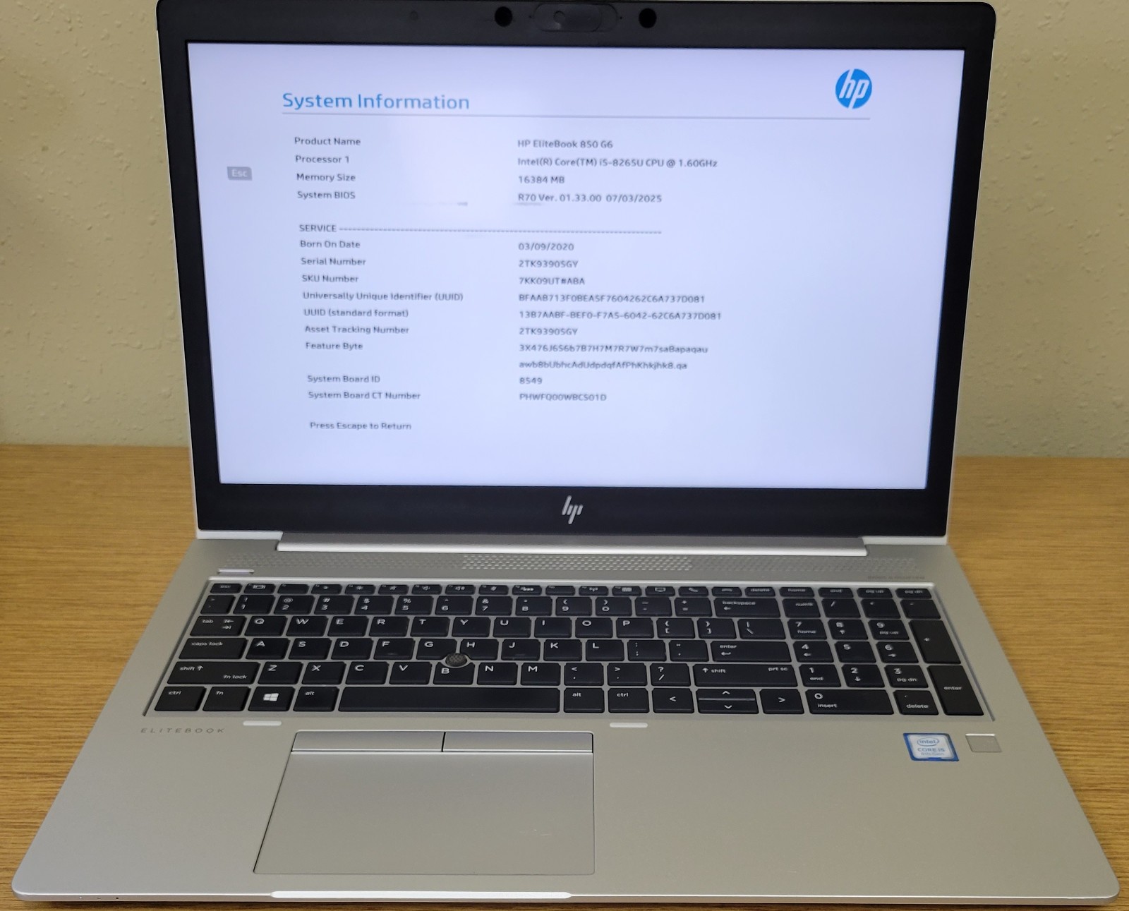 HP EliteBook 850 G6 i5-8265U 1.60GHz 16GB 128GB NVMe No OS *BIOS LOCKED*