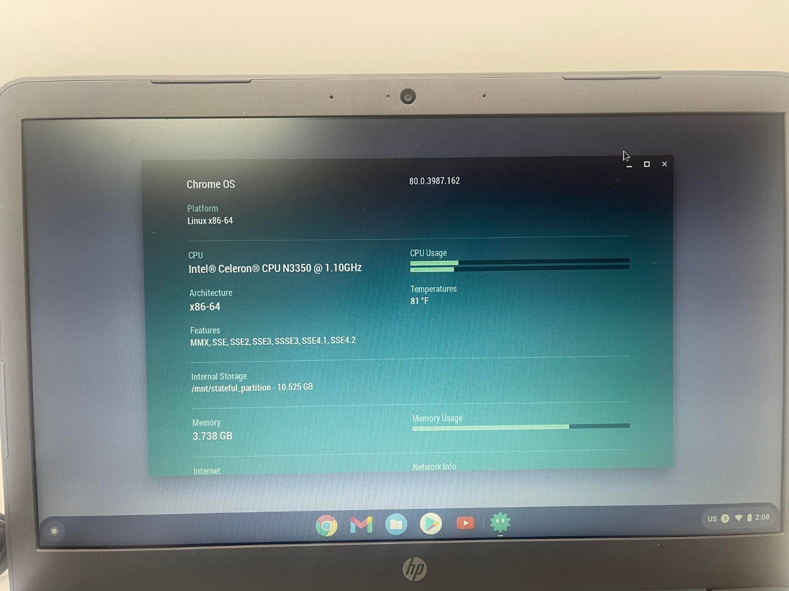 HP Chromebook 14 G5 -3NU63UT#ABA INTEL-N3350 ~4GB RAM, ~12 GB