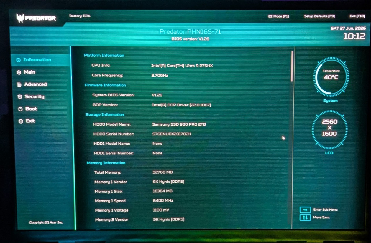 Acer Predator Helios Neo 16S Intel Ultra 9 275HX 32GB RAM NVIDA GeForce 5070 Ti