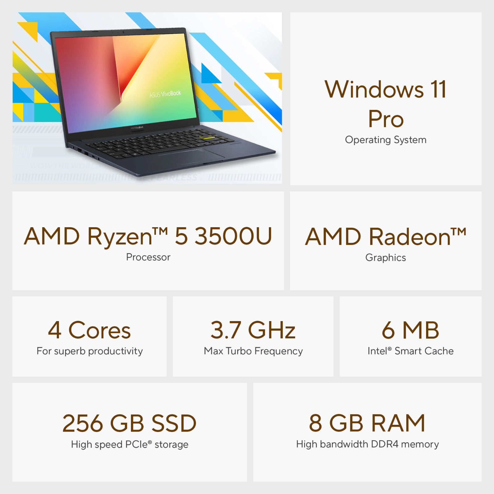 ASUS VivoBook Laptop 14″ Office 2024 AMD Ryzen 5 8GB RAM & 256GB SSD Backlit Pro