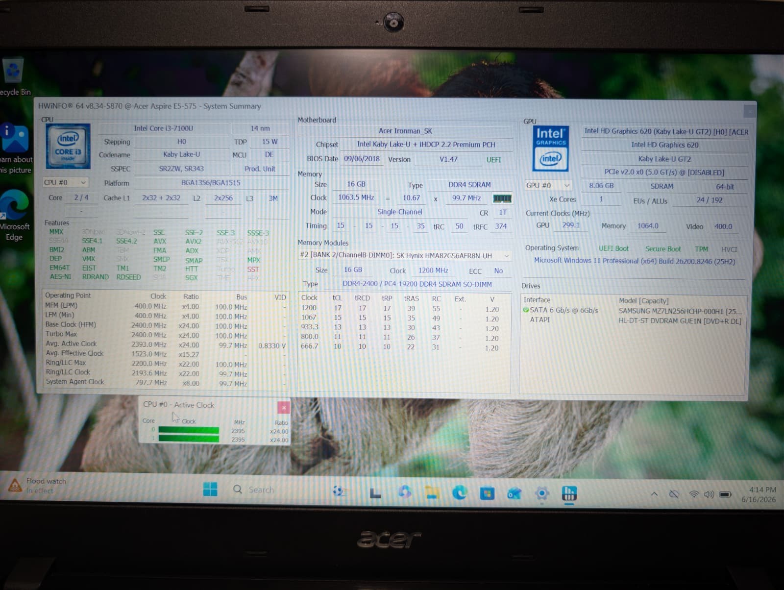 15″ ACER ASPIRE E5-575 | i3-7100U 16GB RAM 256GB SSD | FHD Backlit | Win 11 DVD