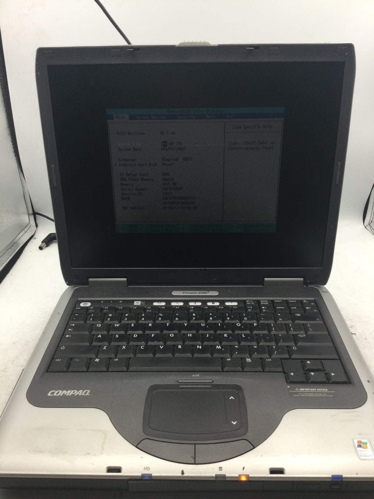 HP COMPAQ PRESARIO 2500 – BOOTS TO BIOS – INTEL CELERON – 256MB RAM – READ – BB