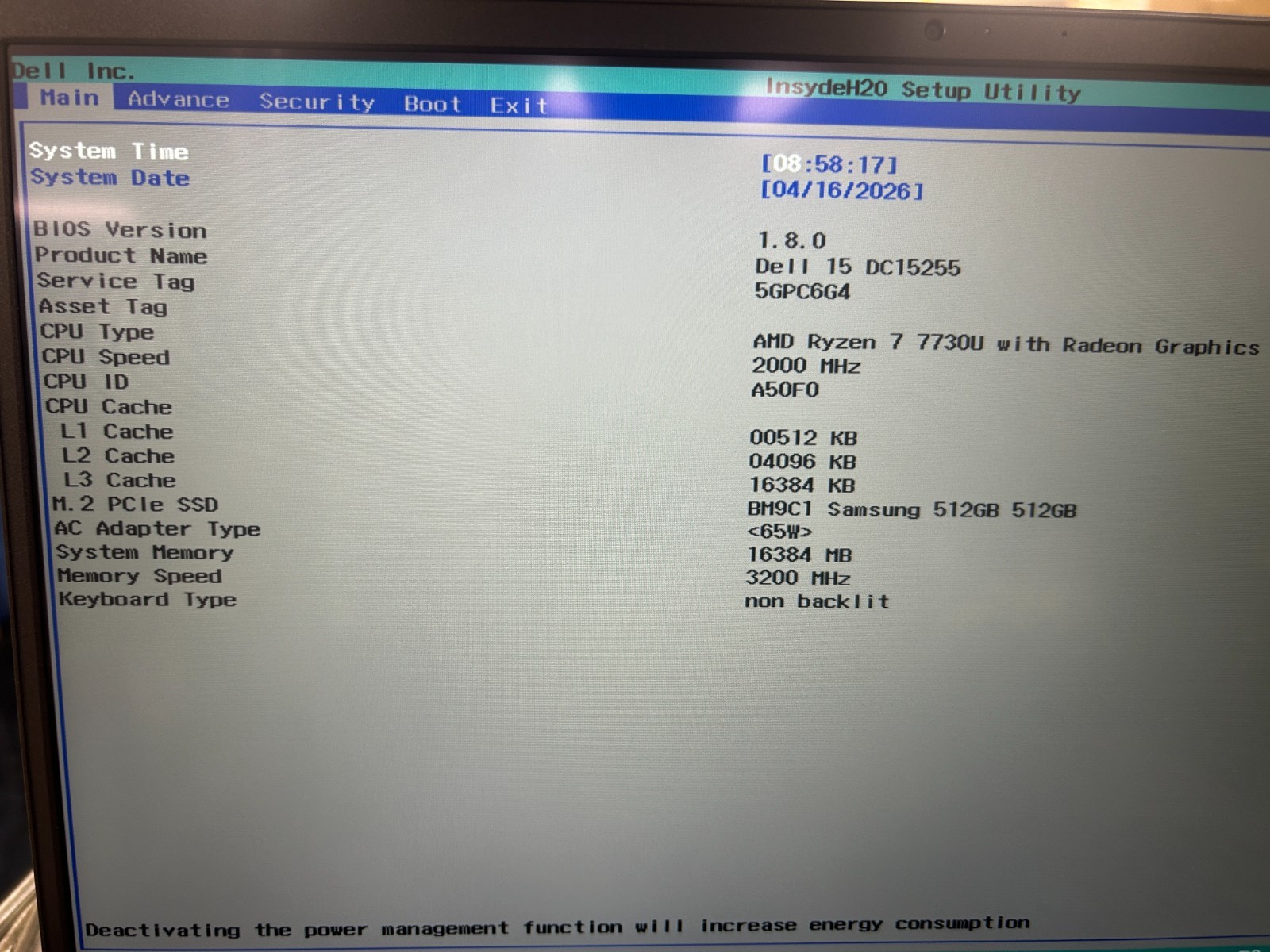 DELL 15 DC15255 G8MK9, AMD Ryzen 7 7730U, 2.00 GHz, 16 GB RAM, 512 GB NVMe SSD