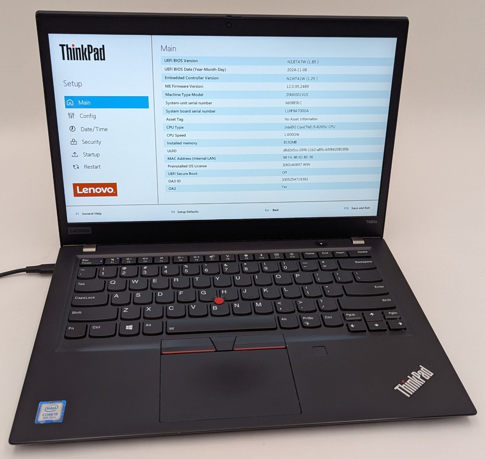Lenovo ThinkPad T490s 14″ Laptop i5-8265U 1.60GHz 8 GB RAM 256GB SSD Win 11 Pro