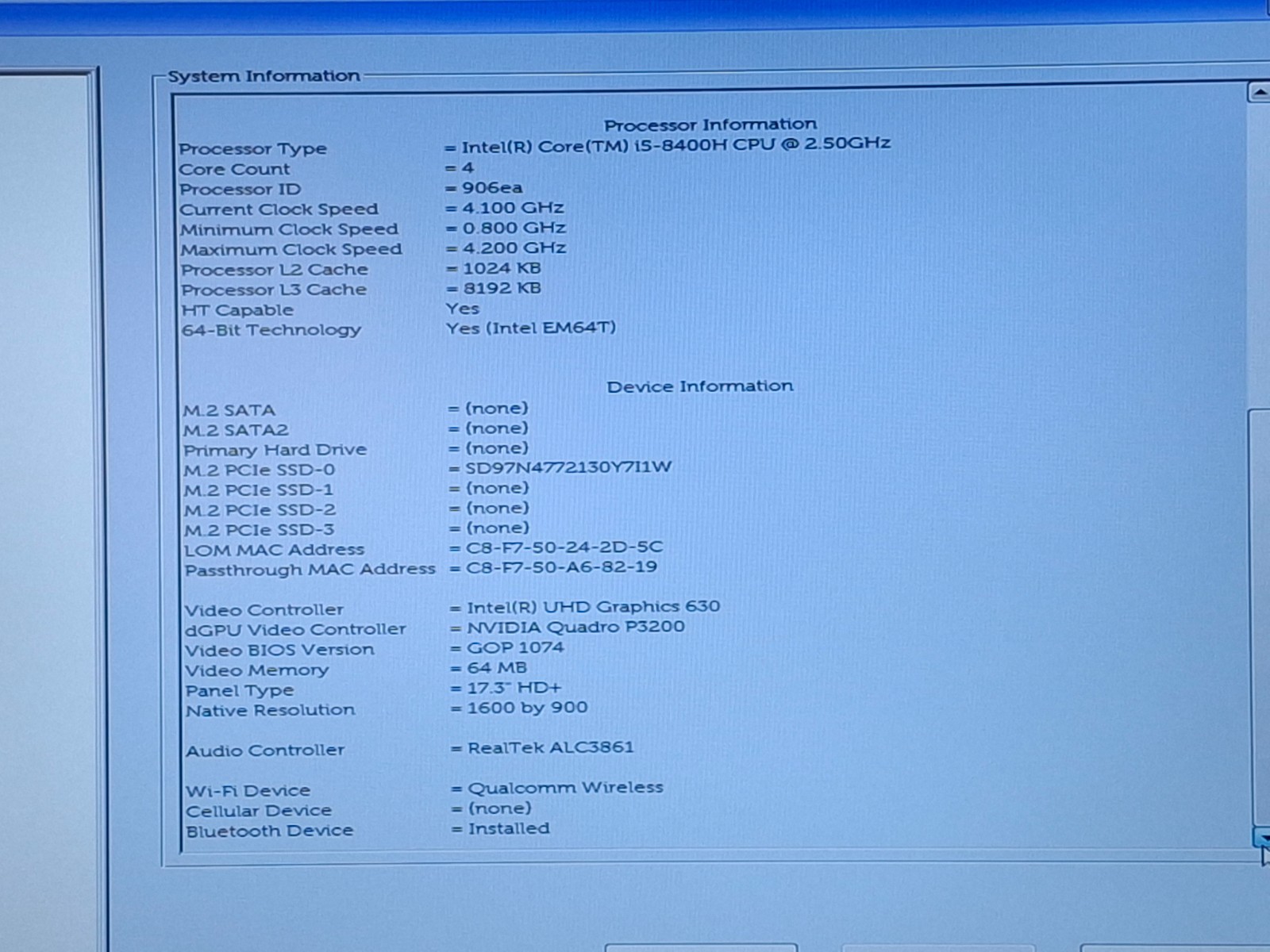 Dell Precision 7730 17.3″ Intel i5-8400H 16GB Quadro P3200 256GB SSD Win11P