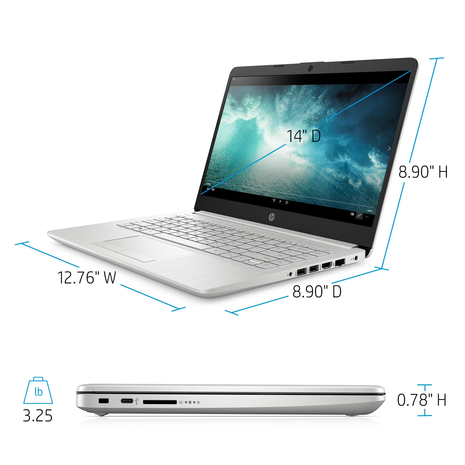 HP 14-dk1032 Laptop 14″ FHD AMD Ryzen 3 3250U, 2.6GHz 4GB RAM, 128GB, Windows 11