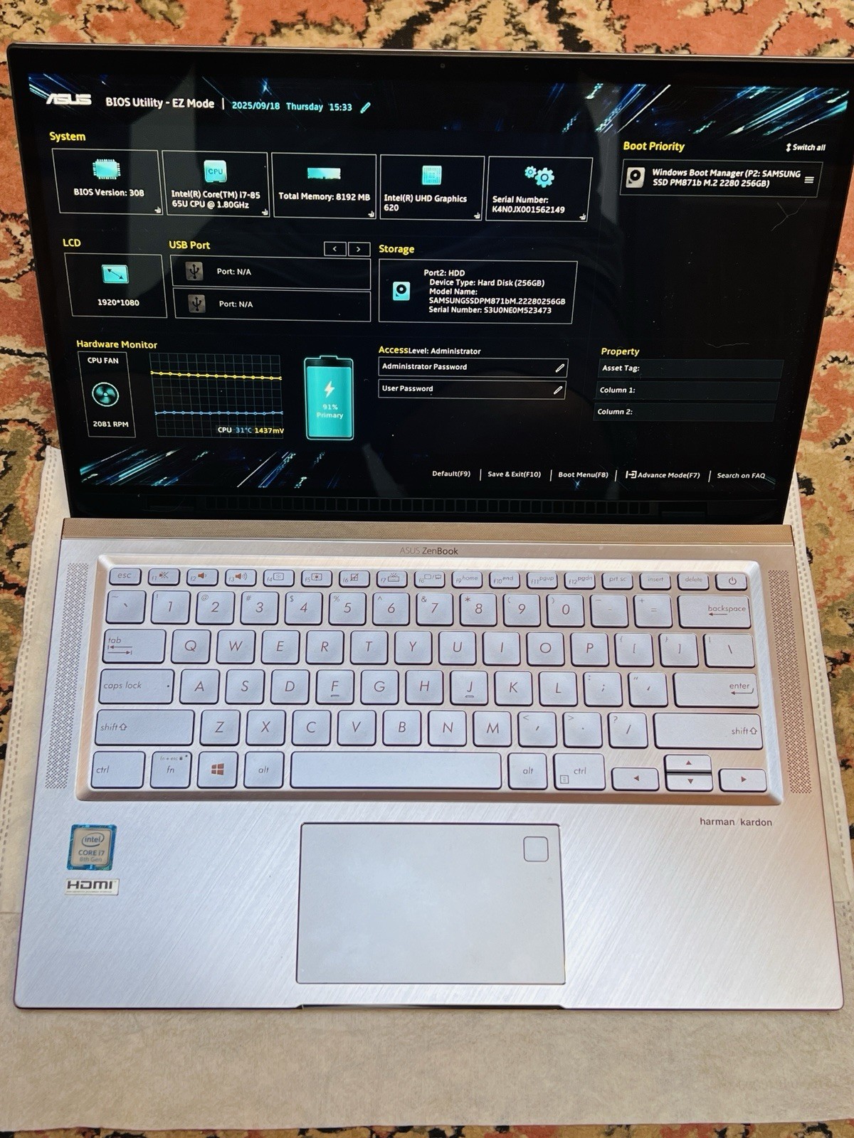 Asus Zen Book Ux431FA, I7 8th Generation @1.80GHz,8G,UHD Graphics,256G,Win11 Pro