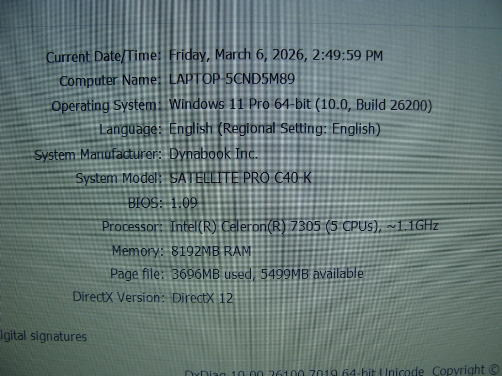 DynaBook Satellite Pro C40-K Intel Celeron 7305 1.1 Ghz 8GB 256GB SSD Win11P +PA