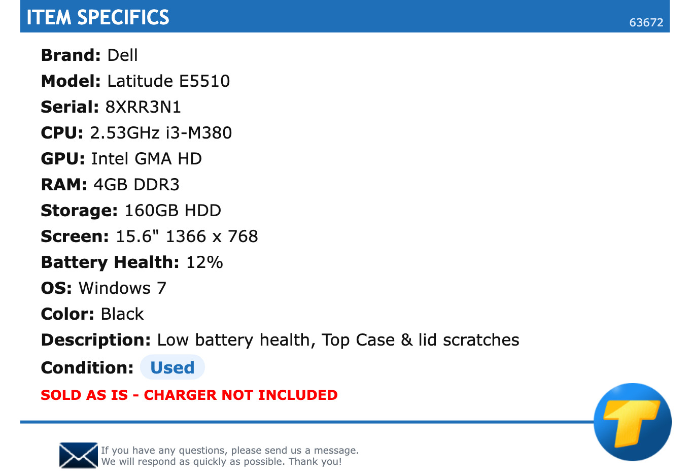 Dell Latitude E5510 – 15.6″ HD, 2.53GHz i3, 4GB RAM, 160GB HDD, Windows 7