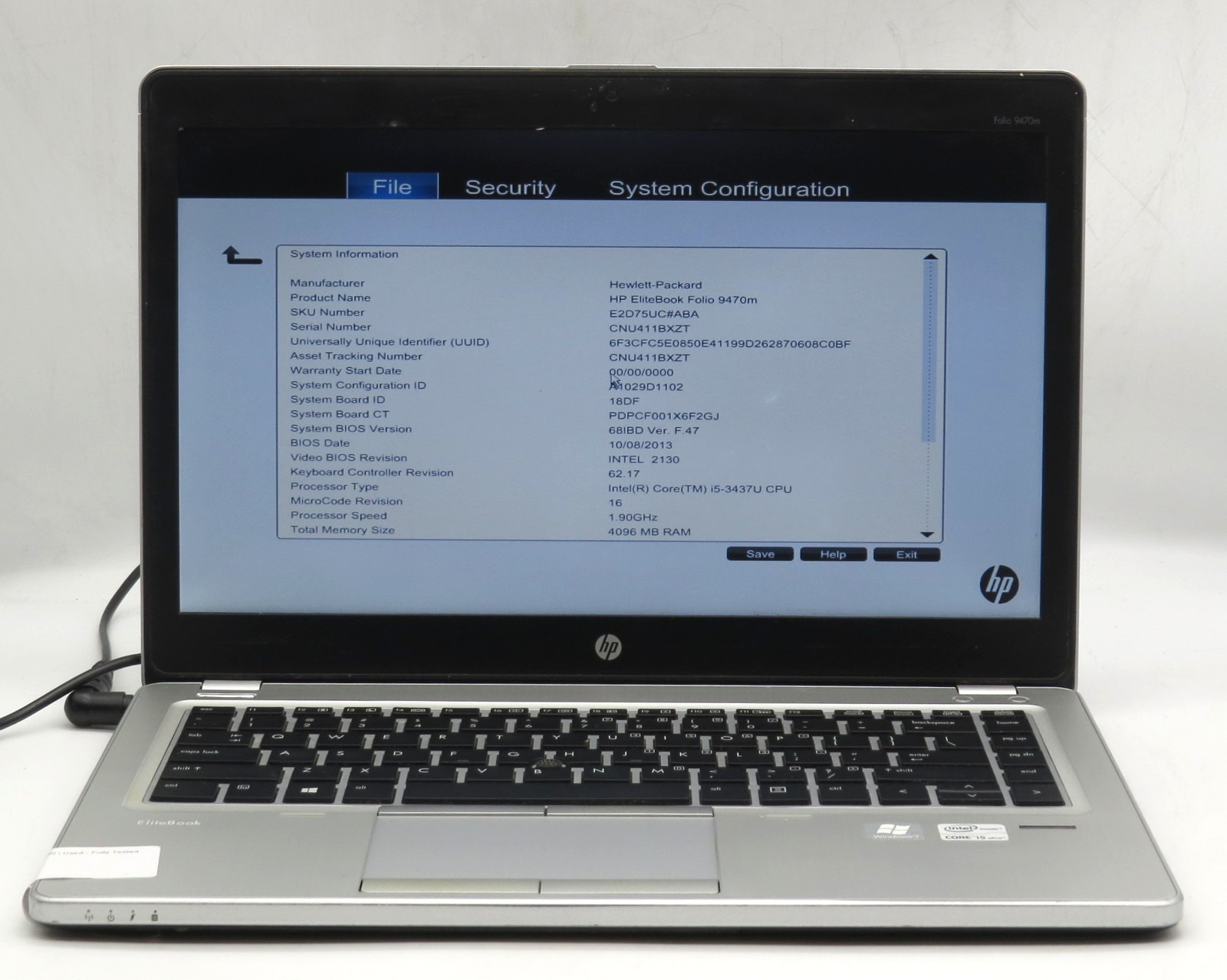 HP EliteBook Folio 9470m | i5-3437U @ 1.9GHz | 4GB RAM | No HDD/OS