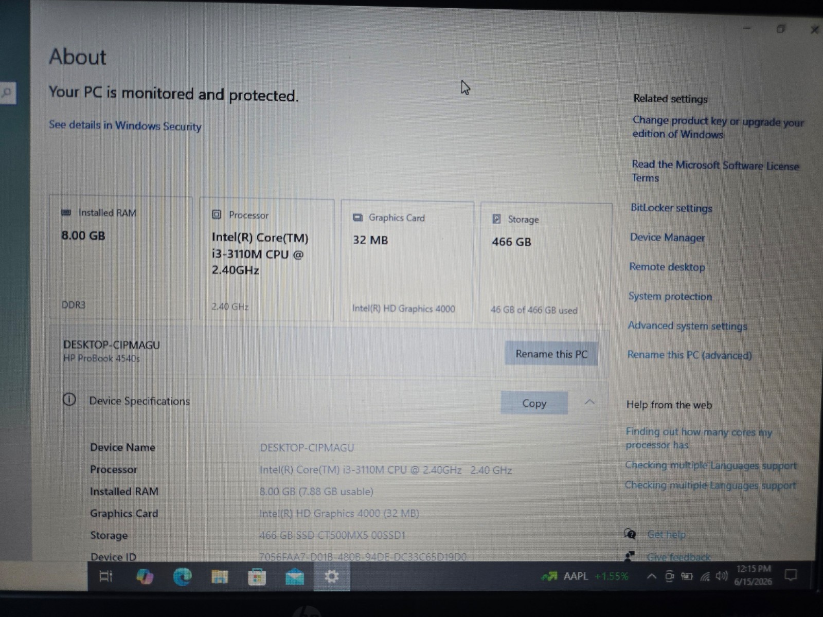 HP Probook 4540s Laptop i3-3110M 2.40Ghz 8GB RAM 500GB SSD(upgraded) WINDOWS 10