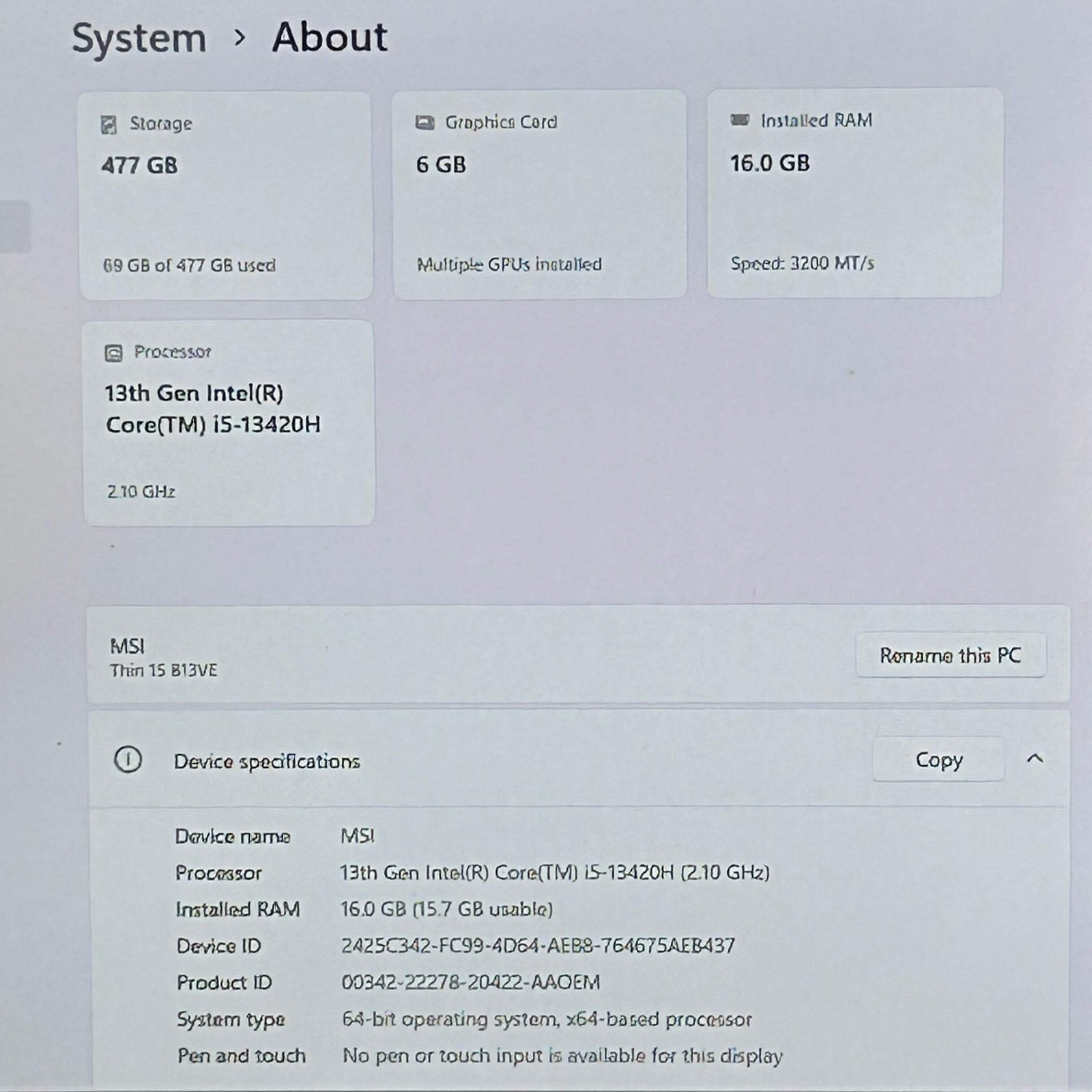 MSI Thin 15 B13VE 15-inch Laptop Core i5 13th Gen RTX 4050 16GB RAM 500GB SSD