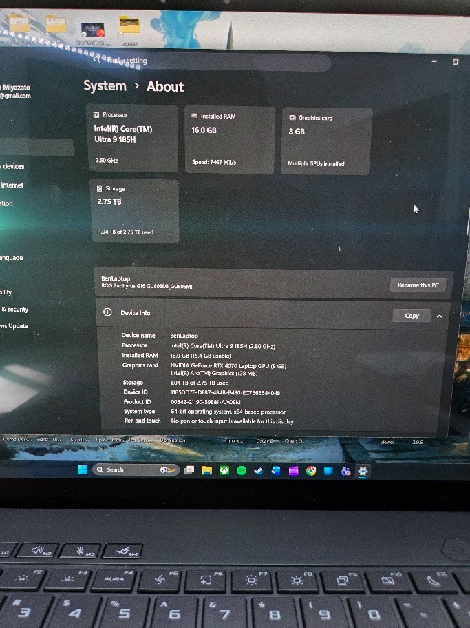 Asus Laptop ROG Zephyrus G16 GU605MI 16″ Intel Core Ultra 9 185H 1TB RTX 4070