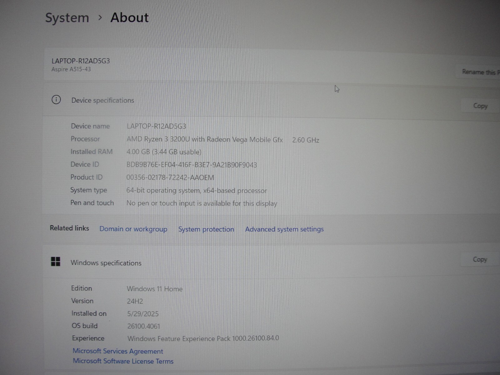 Acer Aspire 5 A515-43 15.6” FHD AMD Ryzen 3 3200U 2.6GHz 4GB 128GB SSD+Charger
