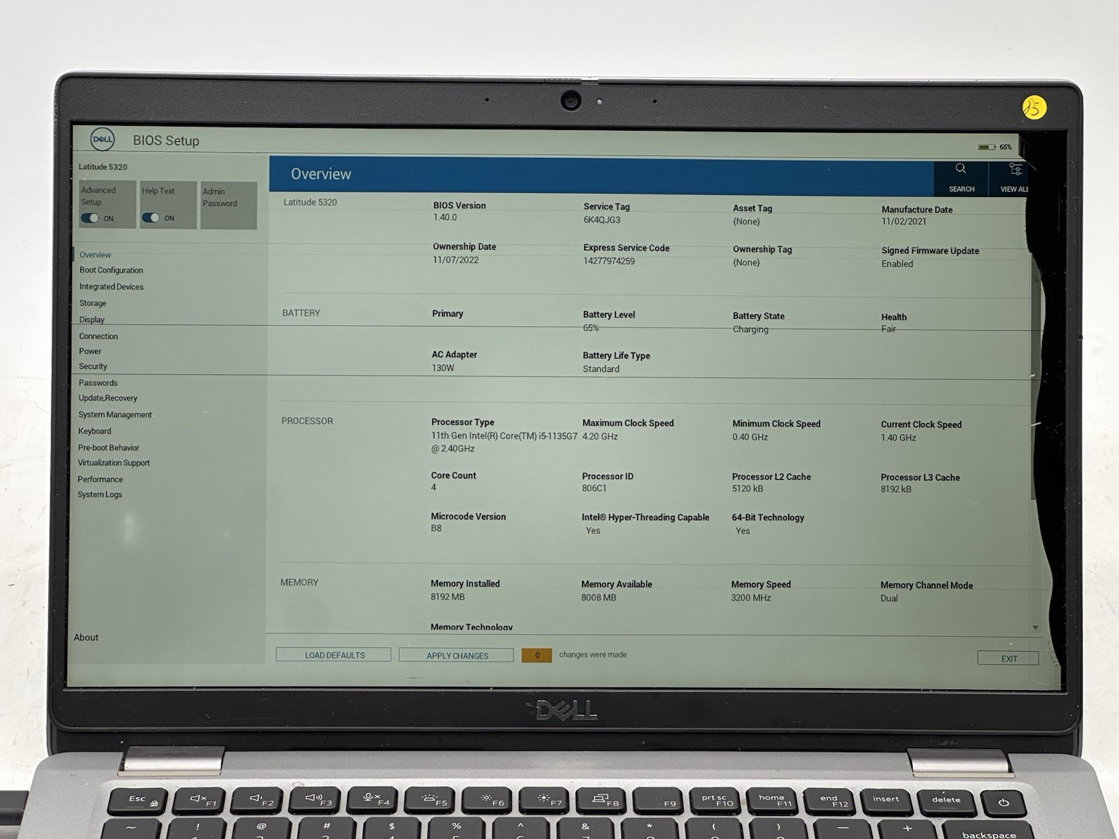Dell Latitude 5320, i5-1135G7, @ 2.40GHz, 8GB RAM, 256GB NVMe-No OS/AC-Bad LCD