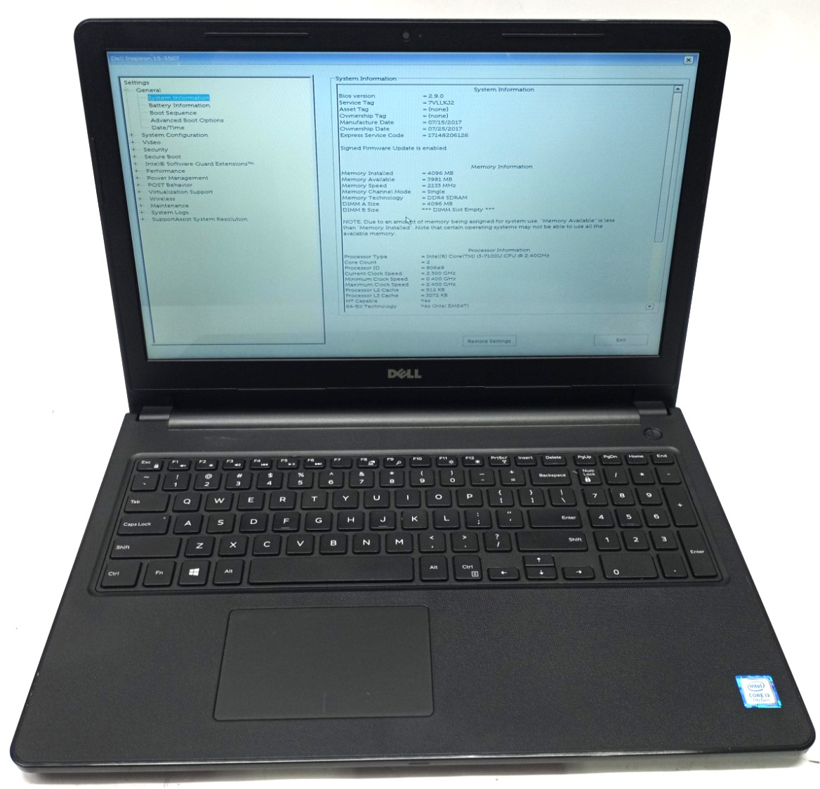 Dell Inspiron 15-3567 15.6″HD i3-7100u@2.40GHz 4GB DDR4 RAM No HDD No OS MC723!