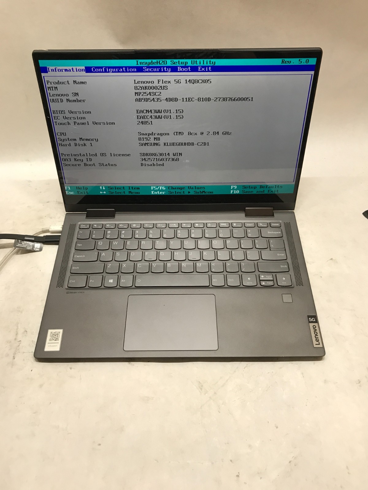 Lenovo Flex 5G-14Q8CX05 14″ Snapdragon 8cx 8GB RAM 256GB RAM NO OS For Parts -DW