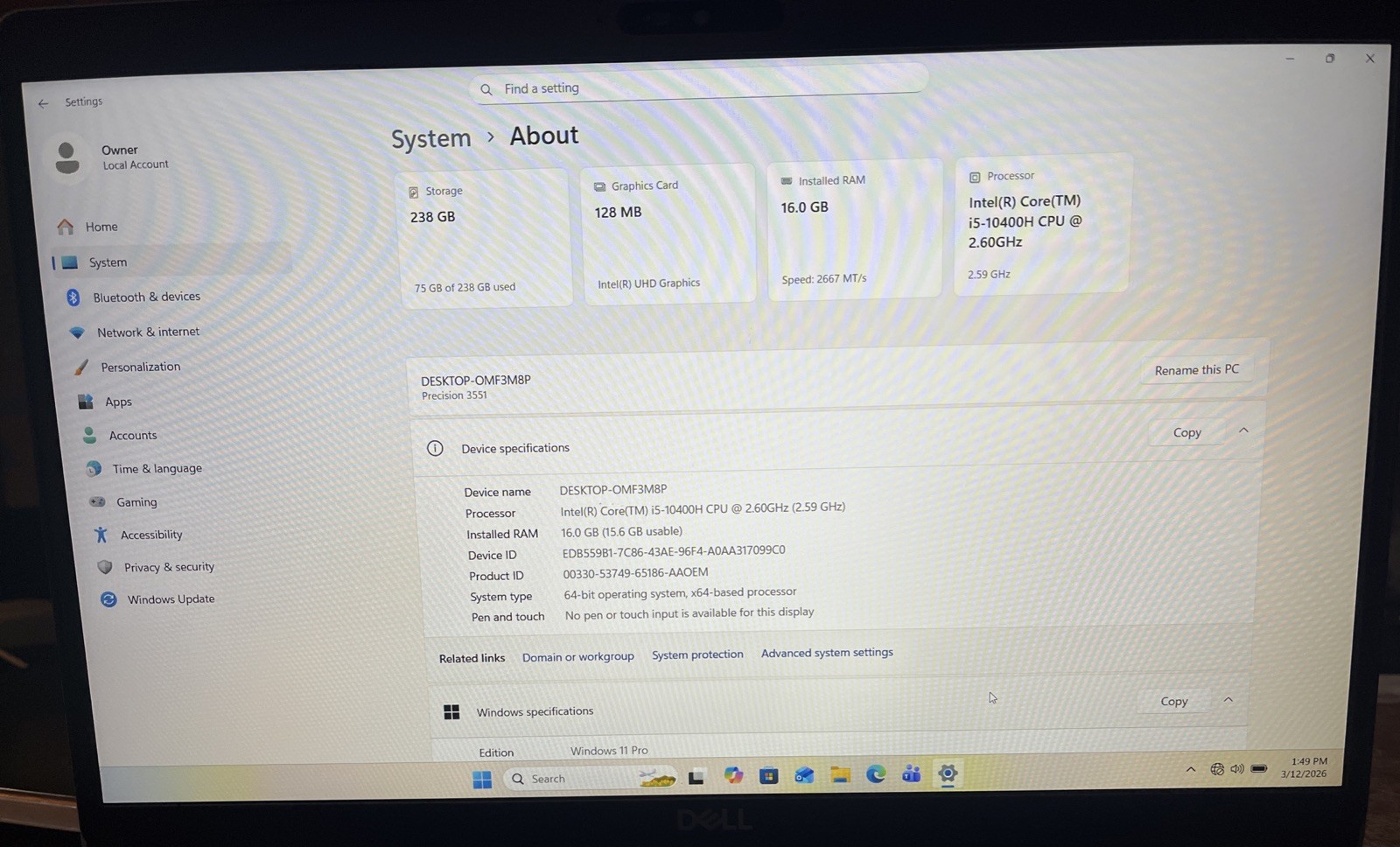 Dell Precision 3551 15.6″ i5-10400H@2.6GHz, 16GB RAM, 256GB M2, W11P *READ