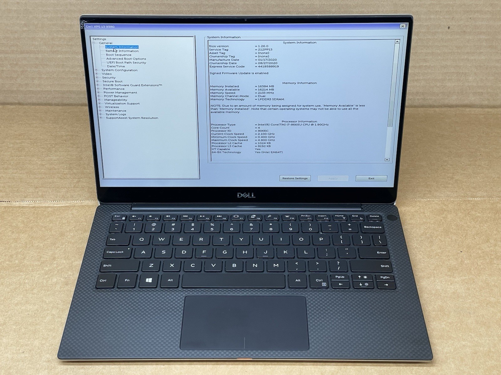 Dell XPS 13 9380, Intel Core i7-8665U @ 1.90GHz, 16GB RAM, NO SSD, No OS *READ*