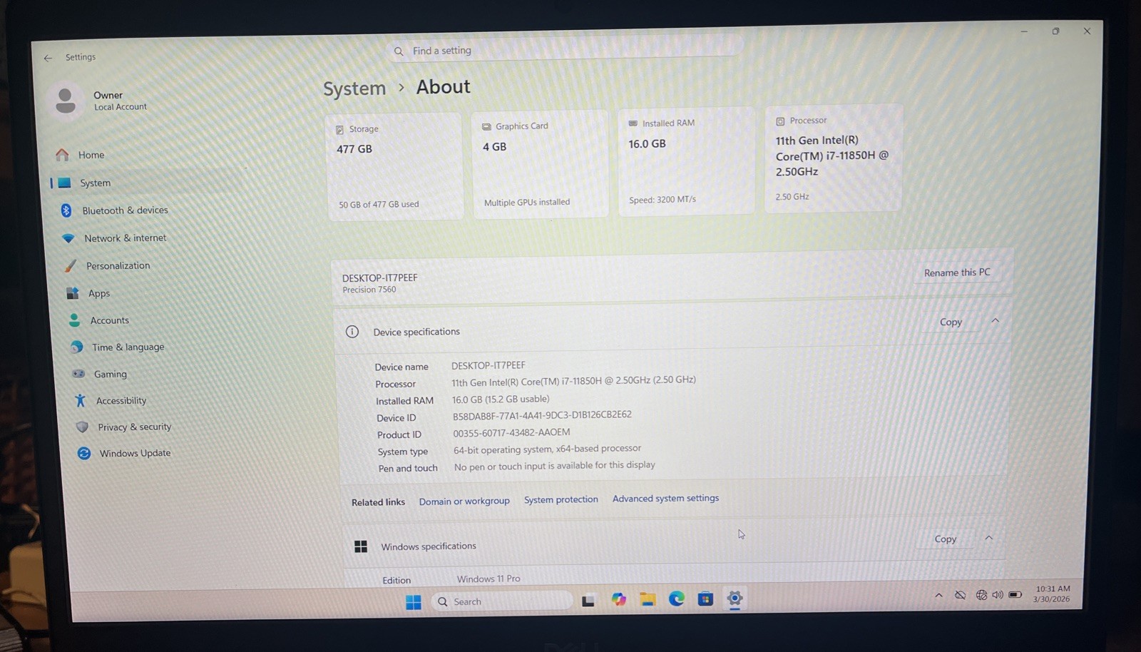 Dell Precision 7560 15.6″ i7-11850H@2.5GHz, 16 GB, 512 GB M2, Win 11 Pro