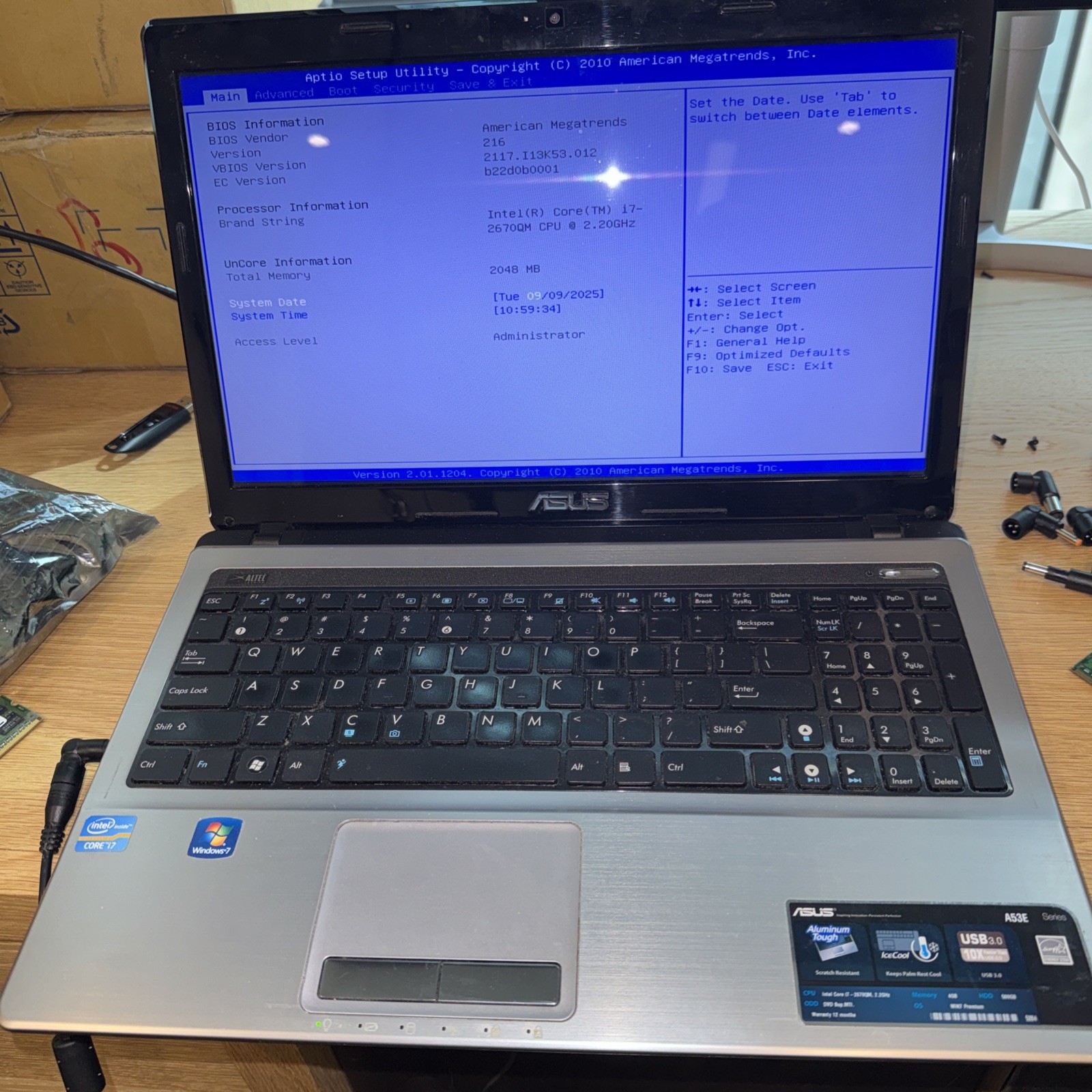 ASUS A53E LAPTOP COMPUTER 15.6″ INTEL i7-2670qm 2GB No HD/Battery/Charger