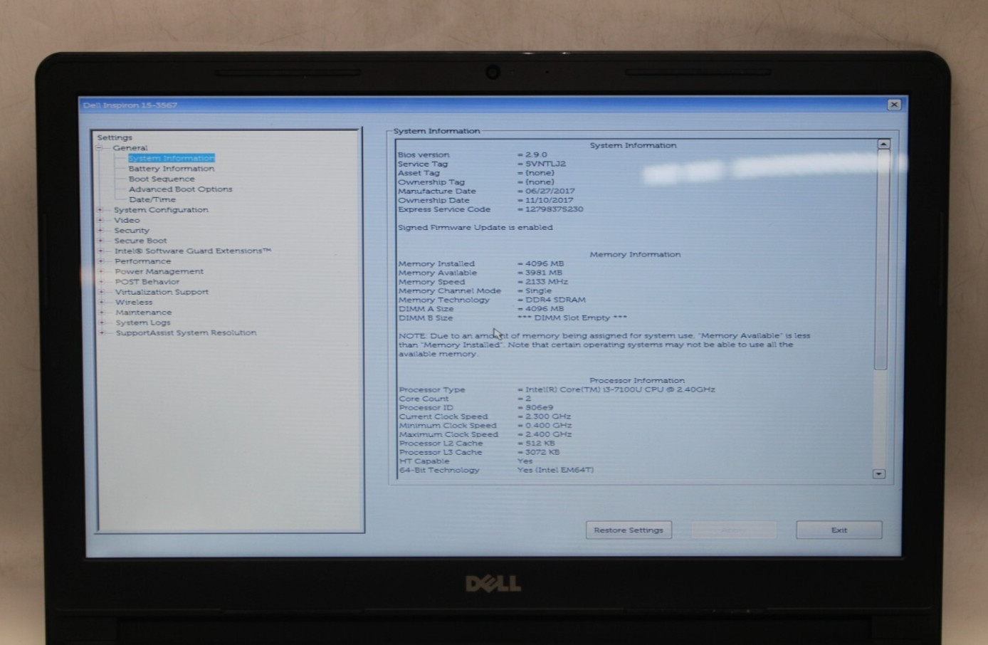 Dell Inspiron 15 3567 i3-7100U 2.40GHz 4GB RAM NO OS/HD/SSD*PARTS/REPAIR*