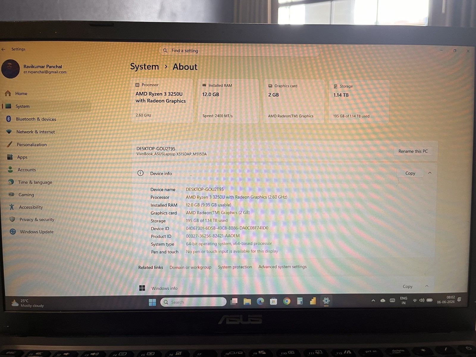 ASUS VivoBook 15 Gray 15.6in Ryzen 3 3250U 12GB 1TB HDD Win 11 Home