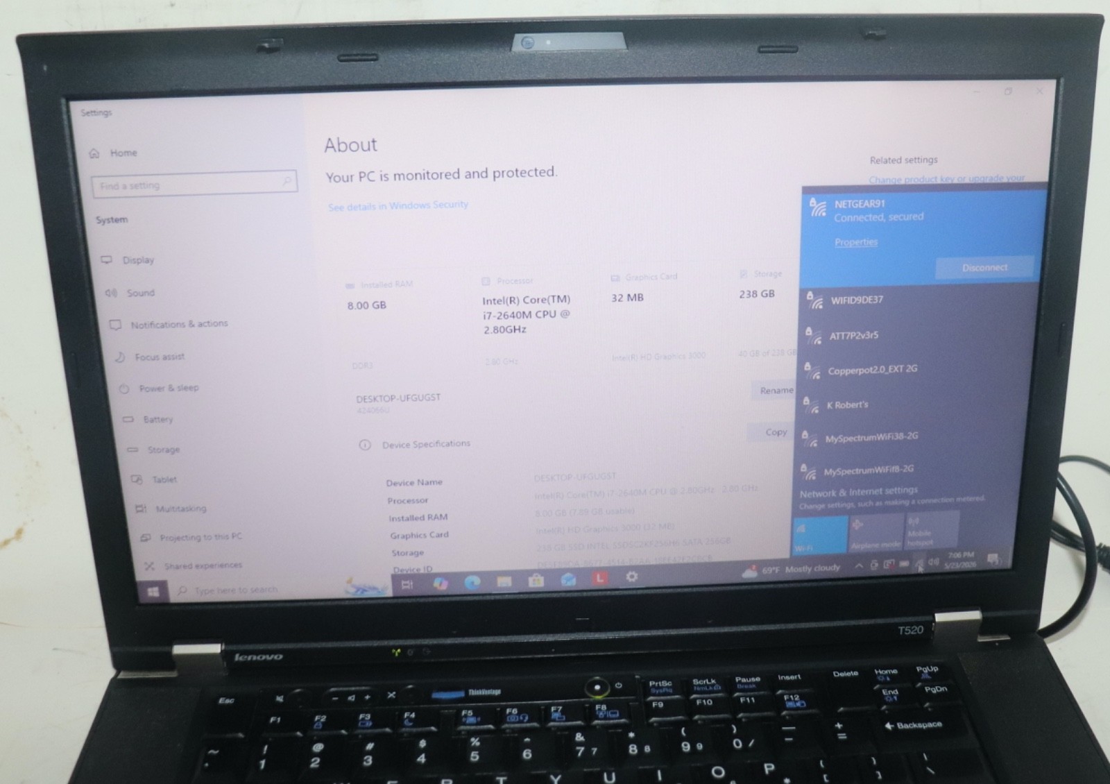 Lenovo ThinkPad T520|Core i7@2.80 GHz|8GB RAM|256GB SSD|WIN 10. PROF|Webcam