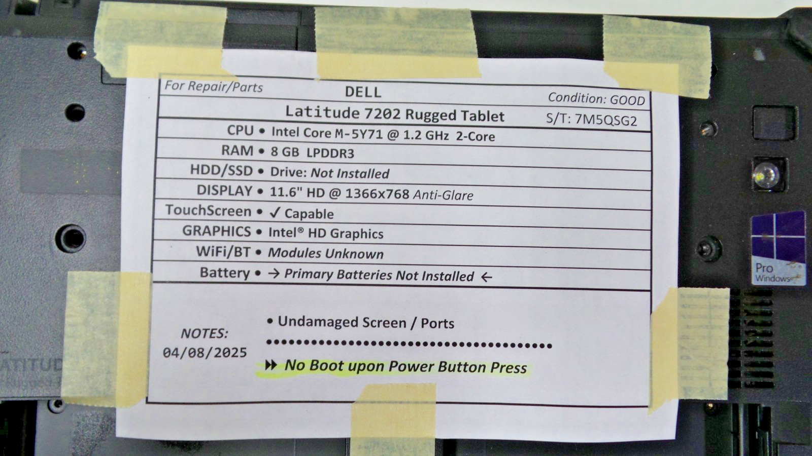 DELL Latitude 7202 Rugged Tablet 11.6″ TouchScreen 8GB RAM / NO BOOT – NO STYLUS