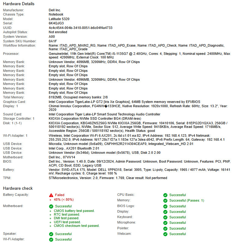 Dell Latitude 5320, i5-1135G7, @ 2.40GHz, 8GB RAM, 256GB NVMe-No OS/AC-Bad LCD