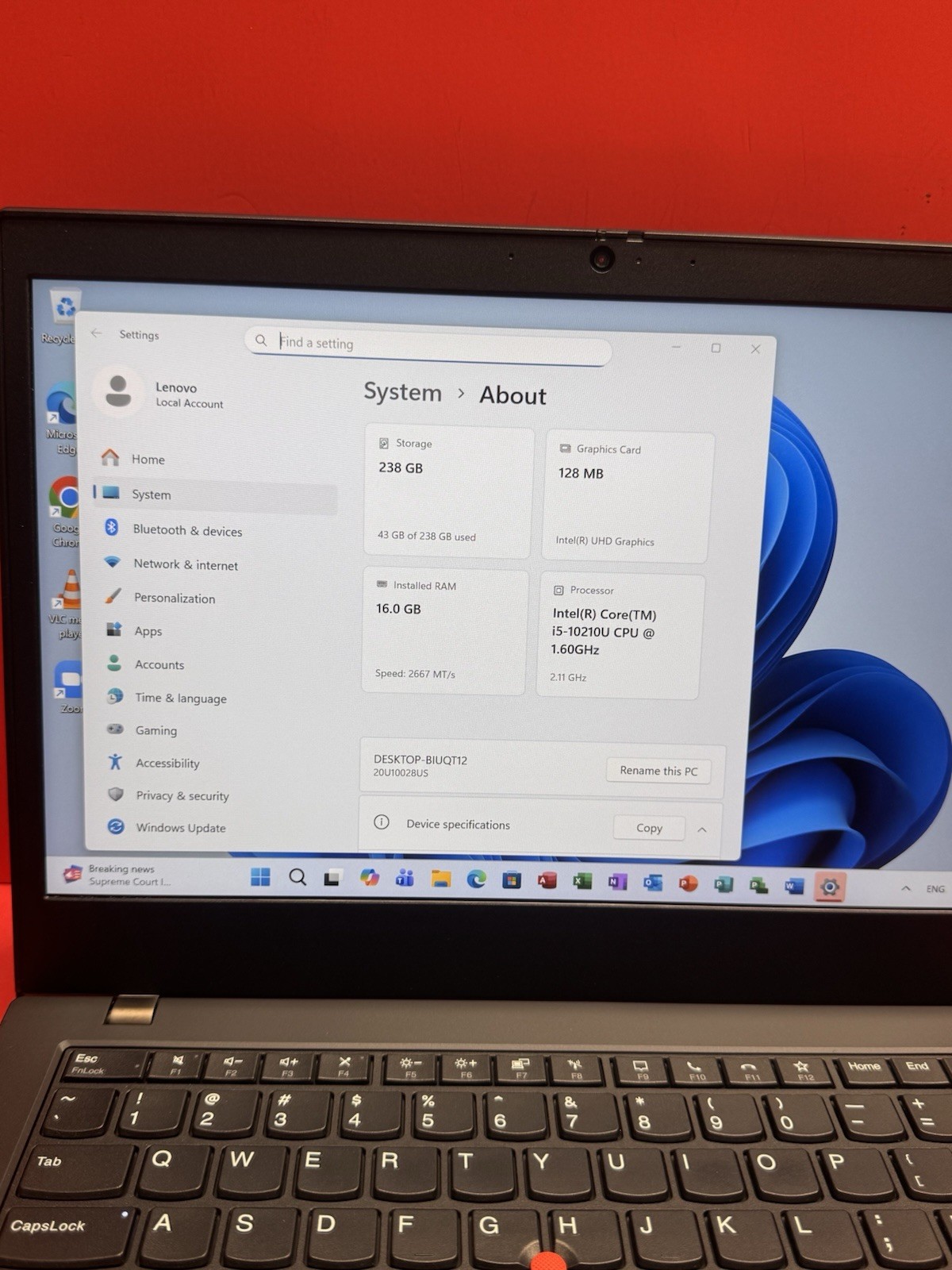 Lenovo ThinkPad L14 14″FHD 10th i5- 1.6GHz 16GB 256GB SSD Windows 11pro