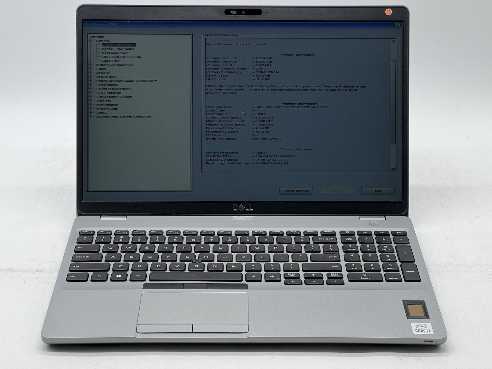 Dell Precision 3550, i7-10510U CPU, @1.80GHz, 16GB RAM, 256GB NVMe-No OS/Charger