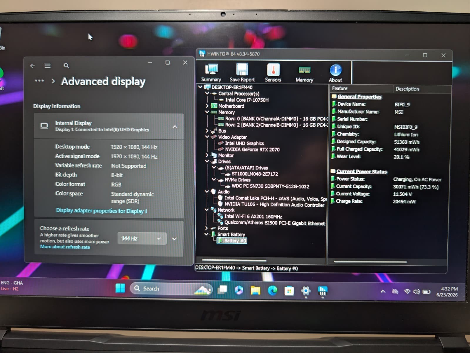 MSI GE75 Raider | i7 10th 32GB RAM 512GB SSD 1TB HD | FHD@144Hz NVIDIA RTX 2070