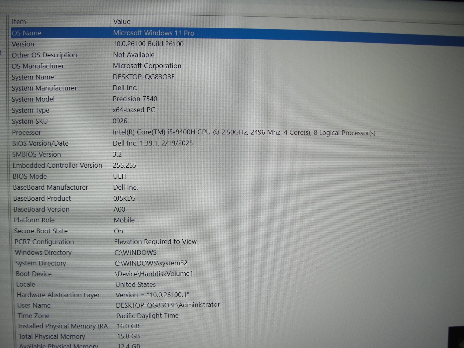 Dell Precision 7540 15” FHD i5-9400H 2.5GHz 16GB SSD 256GB NVIDIA Quadro T1000