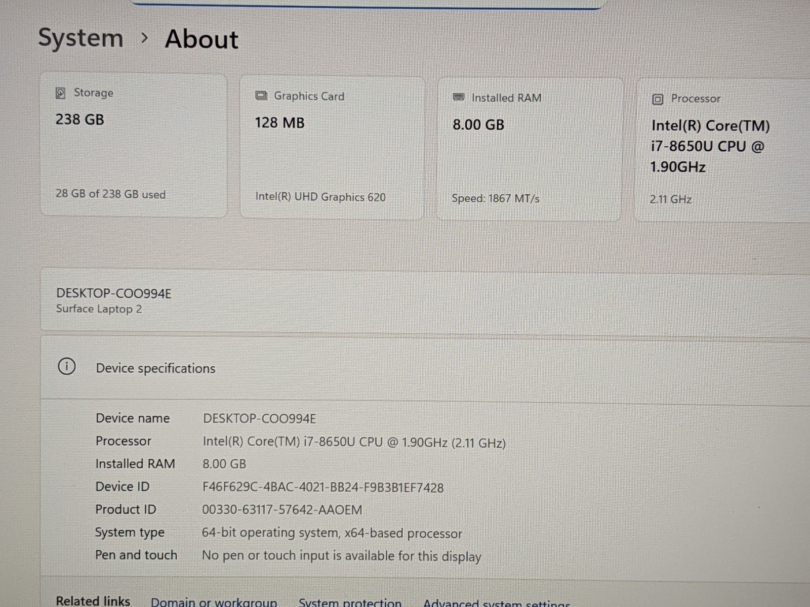MS Surface Laptop 2 1769 13.5″ 2256×1504 i7-8650U 1.9GHz 8GB 256GB SSD AS-IS
