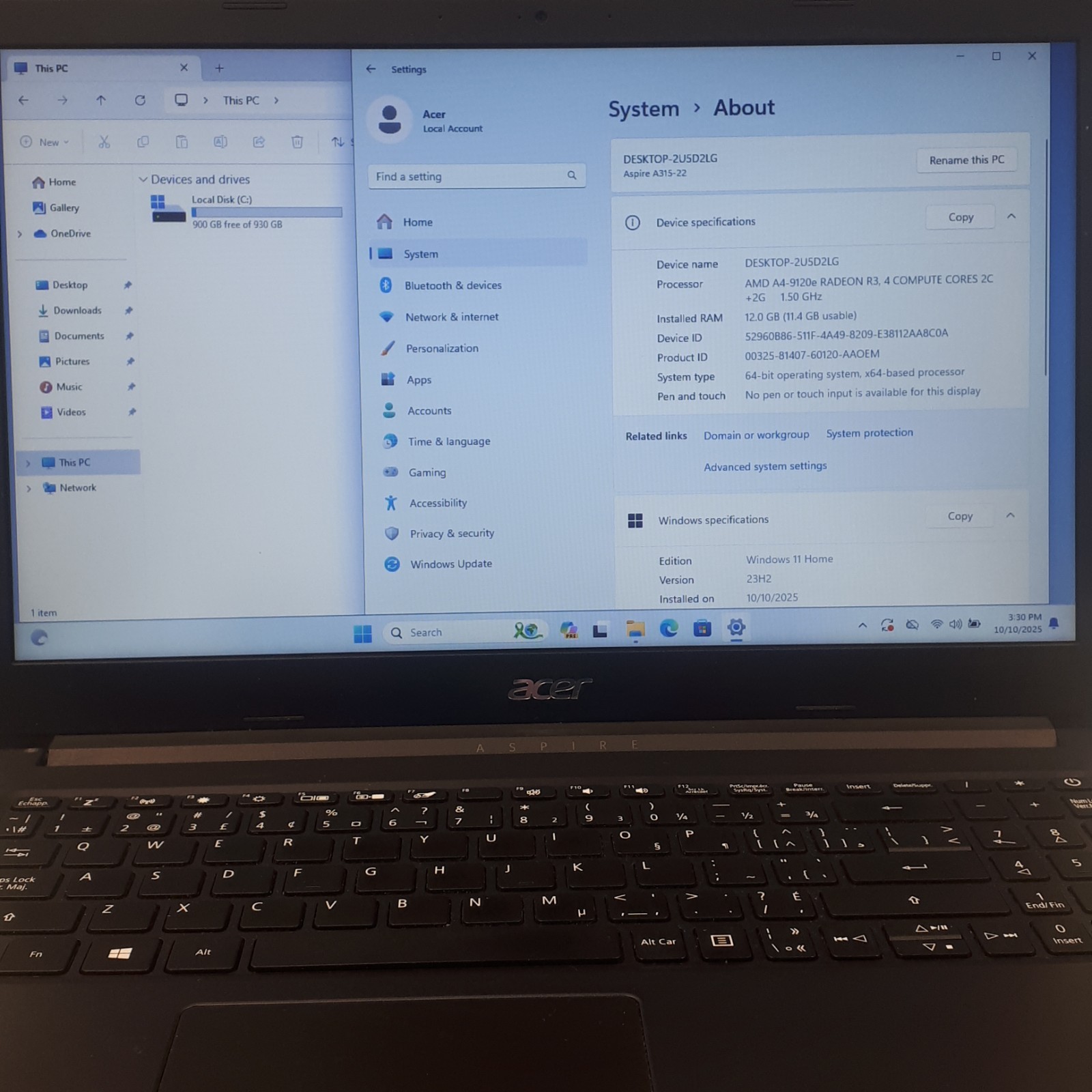 Acer Aspire A315-22 15.6″ Laptop AMD A4-9120e Radeon R3 12GB RAM 1TB HDD Win 11