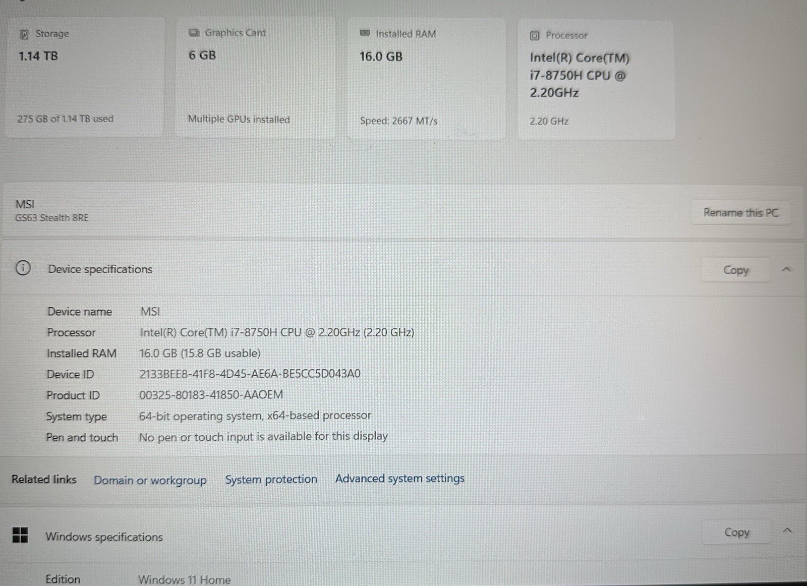 MSI GS63 Stealth 8RE Gaming Laptop –I7-8750H GTX 1060 16GB RAM 256GB SSD 1TB HD