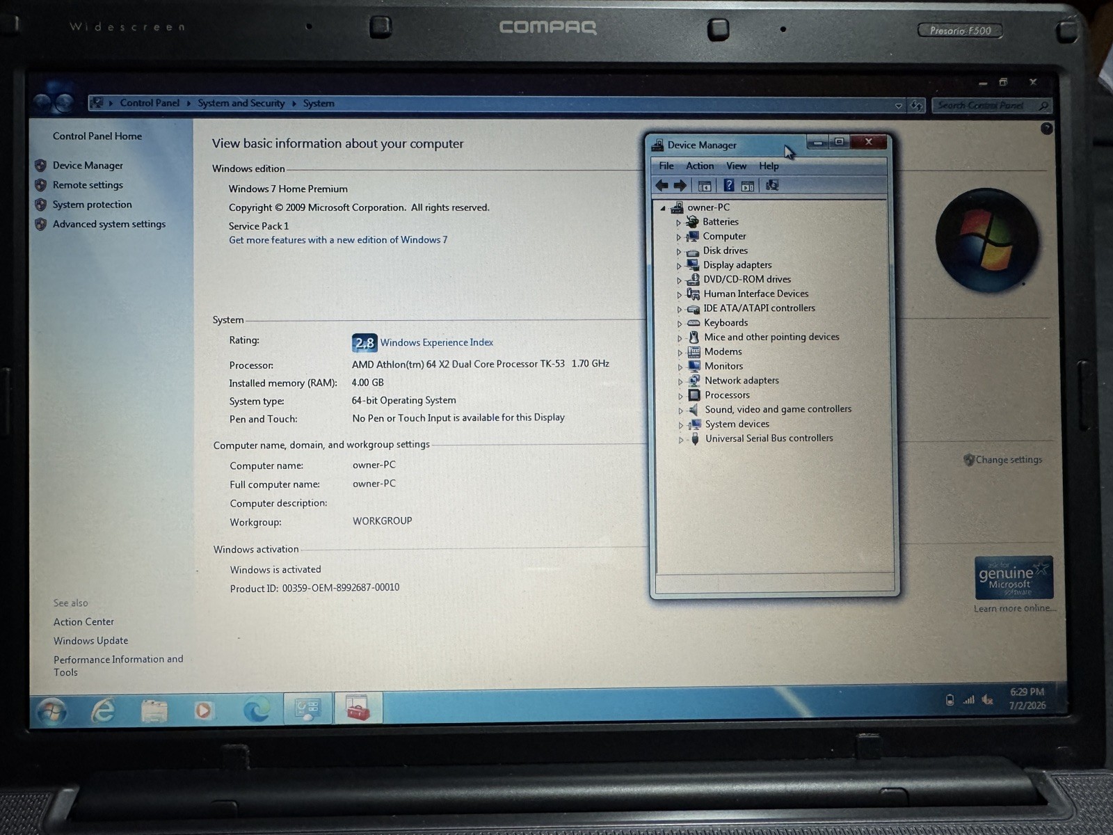 HP Compaq Presario F500 F572US 15.4” 1.7GHz 4GB RAM 160GB HDD DVDRW WiFi Win7x64