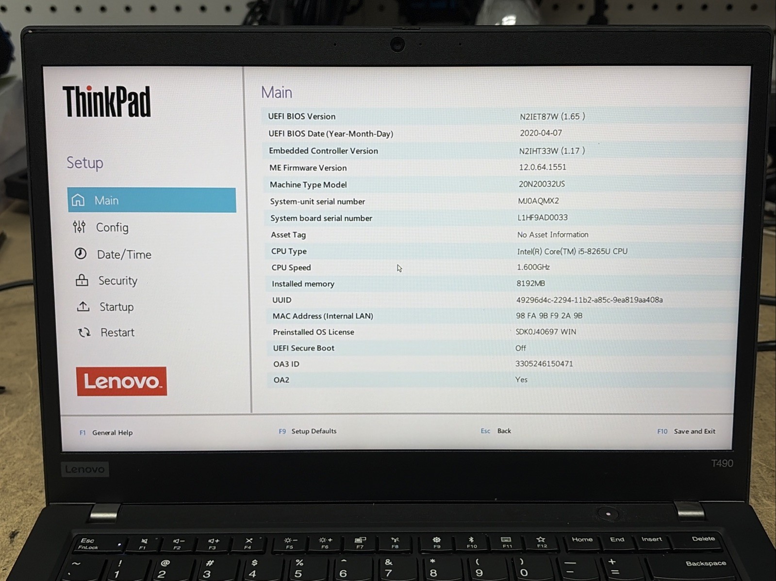 Lenovo ThinkPad T490 14″ FHD i5-8265u 8GB RAM No OS/SSD