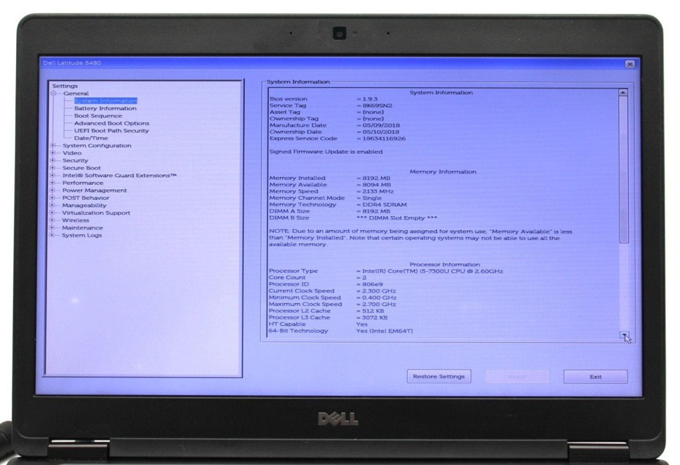 Dell Latitude 5480 i5-7300U@2.60GHz 8GB DDR4 250GB NVMe NO OS *USED/TESTED*