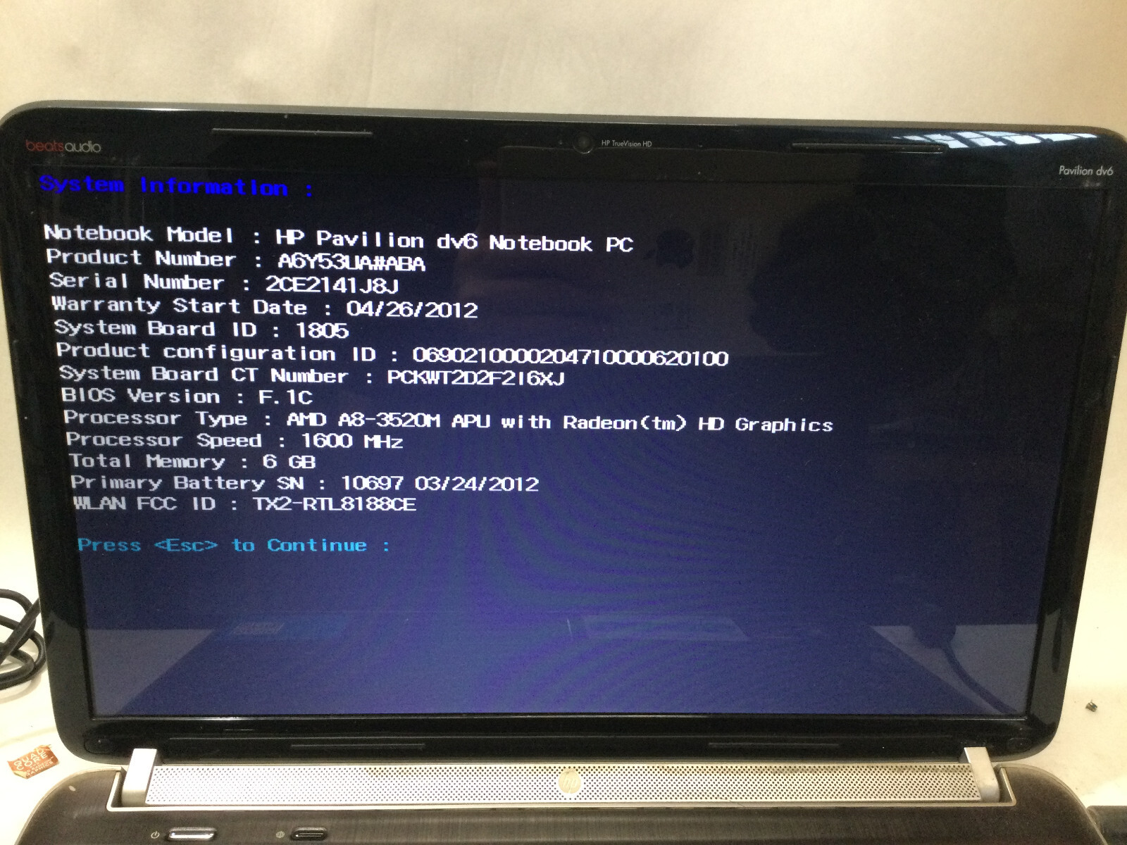 HP PAVILION DV6 – BOOTS TO BIOS – AMD A8 – 6GB RAM – READ DESCRIPTION – BB