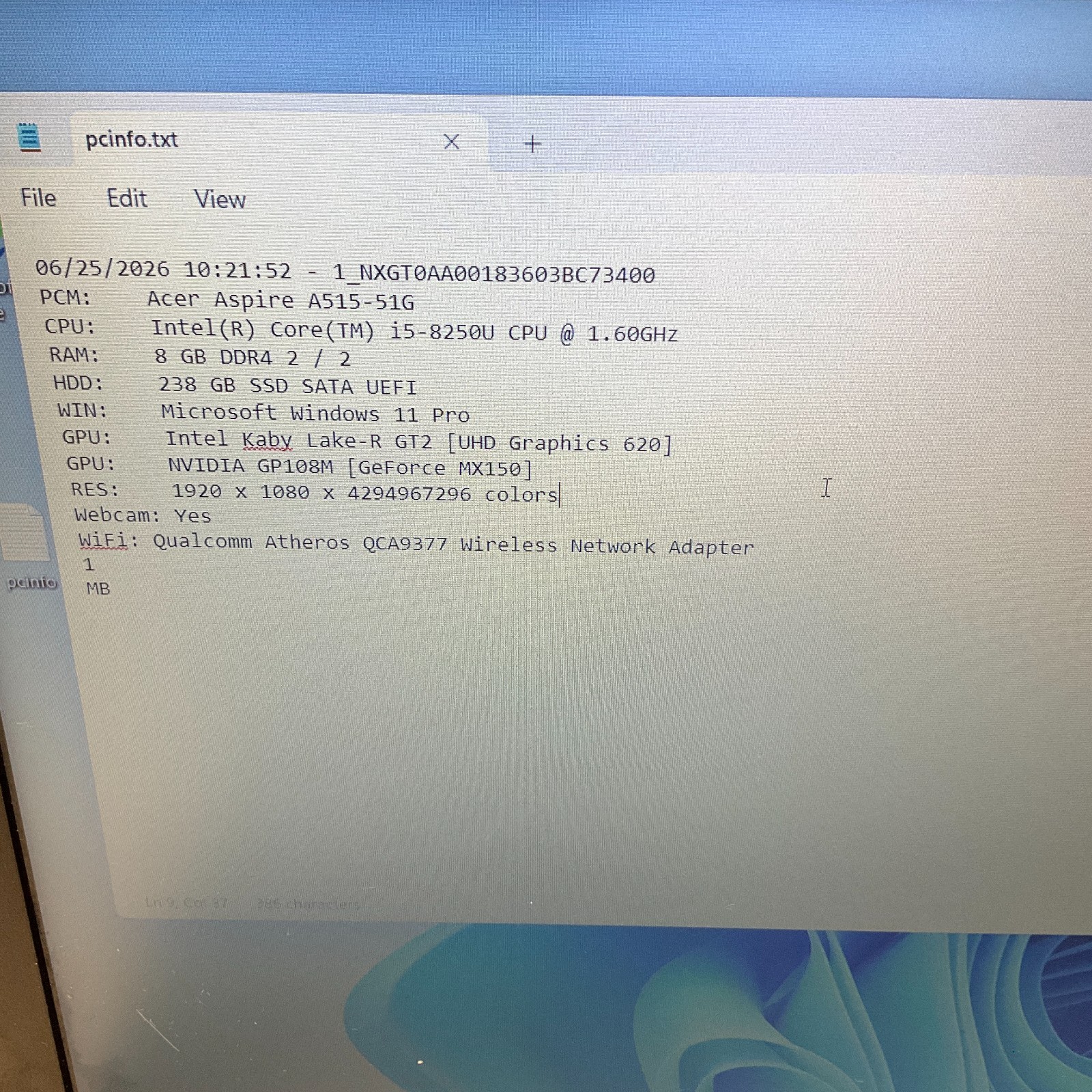 Acer Aspire A515-51G 15.6″ Intel i5-8250U 8GB 256GB SSD NVIDIA MX150 Windows 11